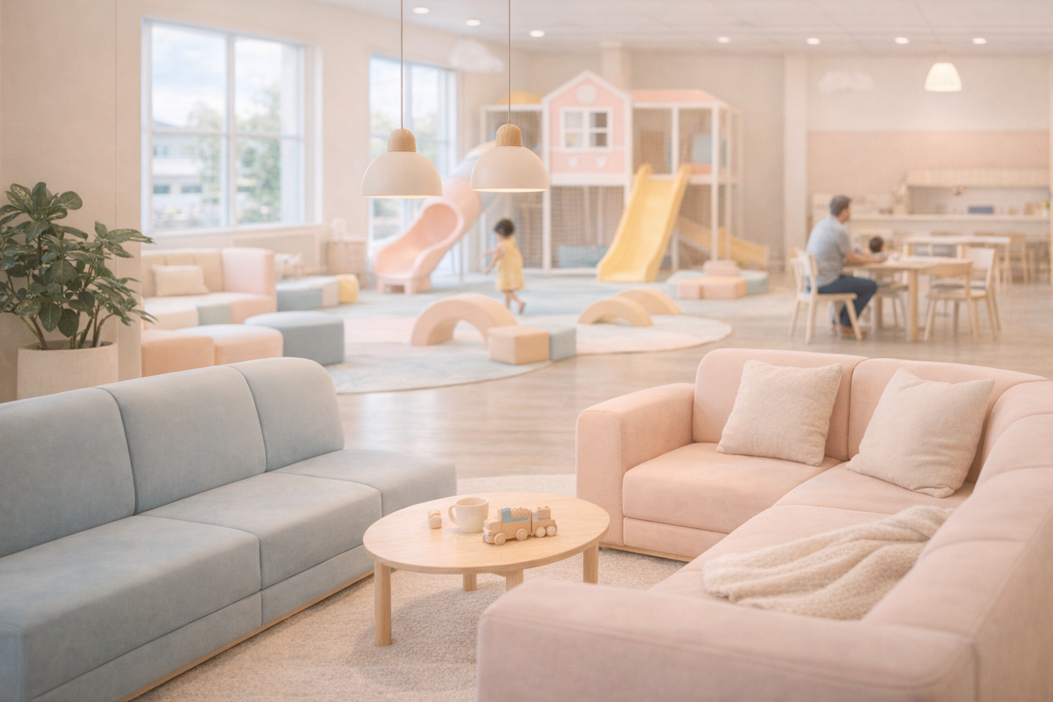 A calm family-friendly seating area with soft corners and comfortable supervision space.