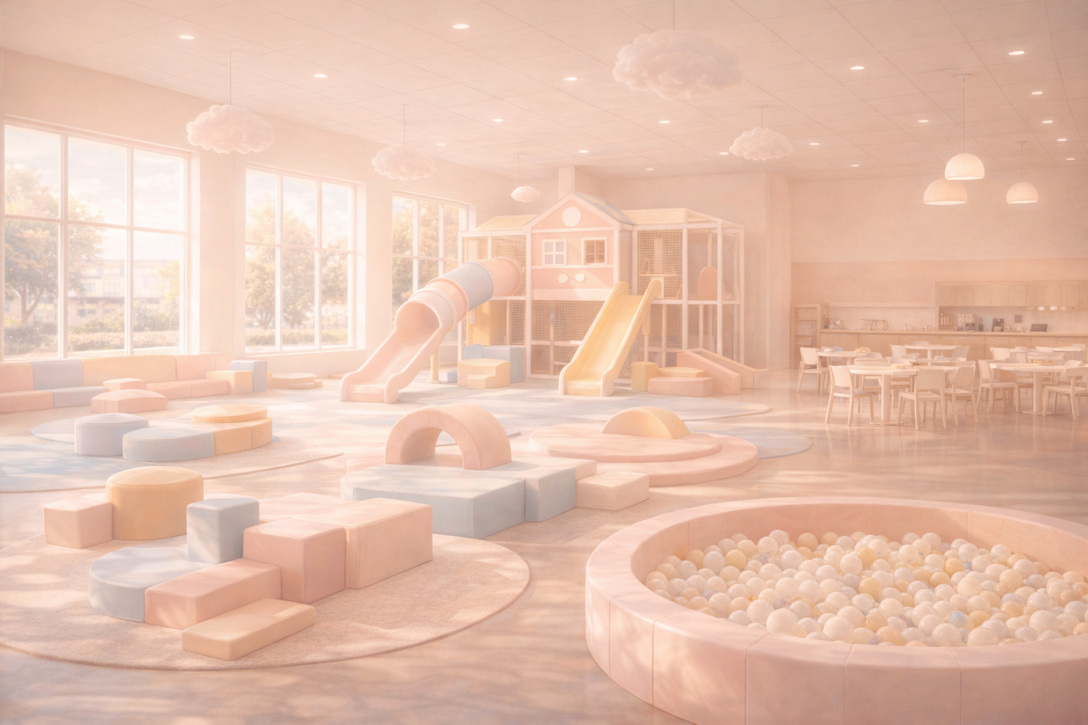 A dreamy wide view of the venue atmosphere with soft pastel light and playful details.