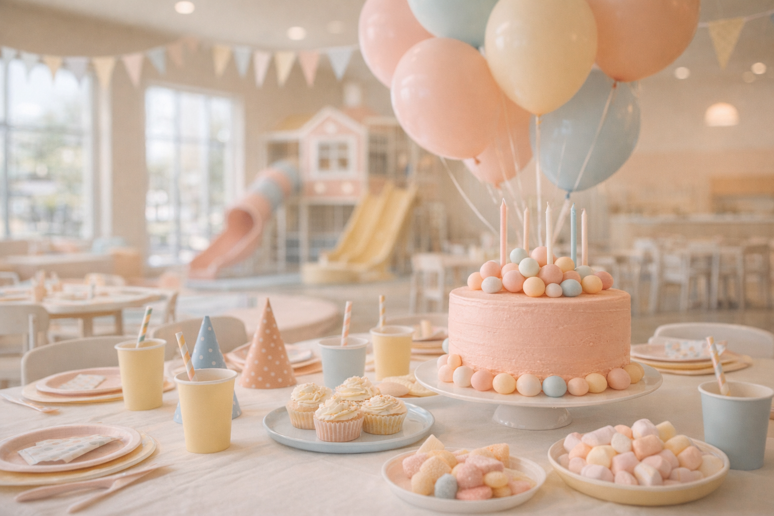 A close-up of party table styling with treats, balloons, and pastel celebration details.